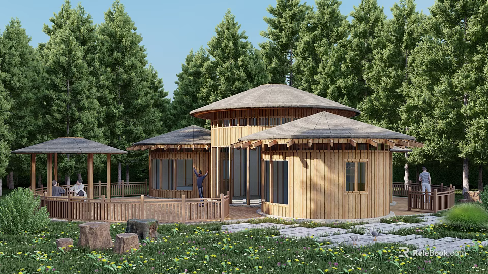 Wooden House With Round Roofs Surrounded by Lush Green Trees and Natural Stone Decorations 3d model 