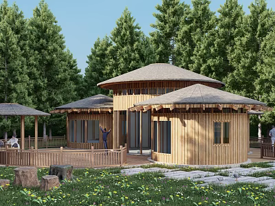 Wooden House With Round Roofs Surrounded by Lush Green Trees and Natural Stone Decorations 3d model