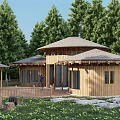 Wooden House With Round Roofs Surrounded by Lush Green Trees and Natural Stone Decorations