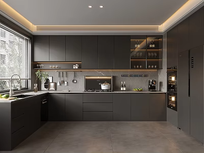 Modern Kitchen Interior With Dark Cabinets Island Counter And Built In Appliances 3d model