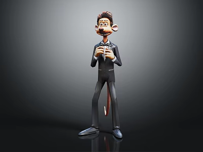 Stylish Cartoon Character With Monkey Tail Holding Object Standing On Dark Background 3d model