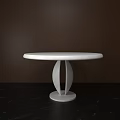 Round White Marble Dining Table With Unique Double Column Base And Dark Wood Wall 3d model