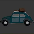 Vintage Green Beetle Car With Brown Suitcases On The Roof
