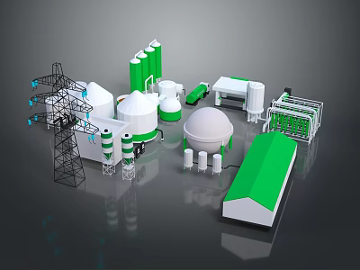 Cartoon Scenery With Green White Silos Power Tower Truck And Dome Structures 3d model