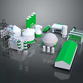 Cartoon Scenery With Green White Silos Power Tower Truck And Dome Structures