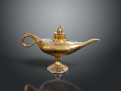 Aladdin Genie And Antique Golden Lamp With Intricate Carvings And Decorative Base 3d model