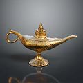 Aladdin Genie And Antique Golden Lamp With Intricate Carvings And Decorative Base