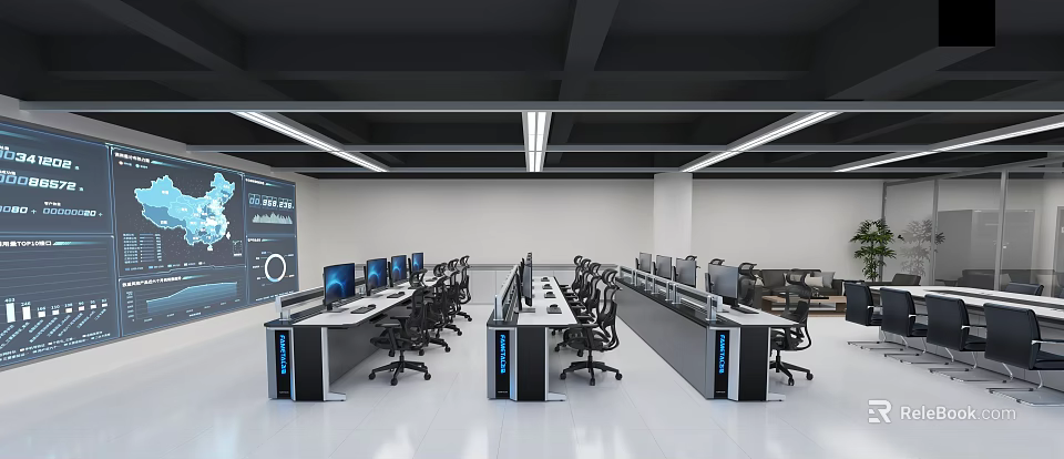 Modern Spacious Control Room Office Desks With Complete Set Of Monitors And Ergonomic Office Chairs 3d model 