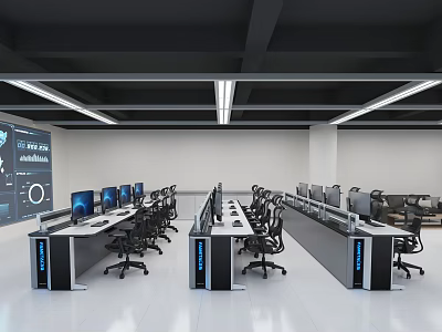 Modern Spacious Control Room Office Desks With Complete Set Of Monitors And Ergonomic Office Chairs 3d model