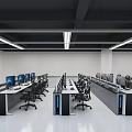 Modern Spacious Control Room Office Desks With Complete Set Of Monitors And Ergonomic Office Chairs