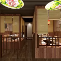 Japanese Restaurant Interior Featuring Red Colored Lanterns Wooden Counter Chairs and Shelves with Tableware