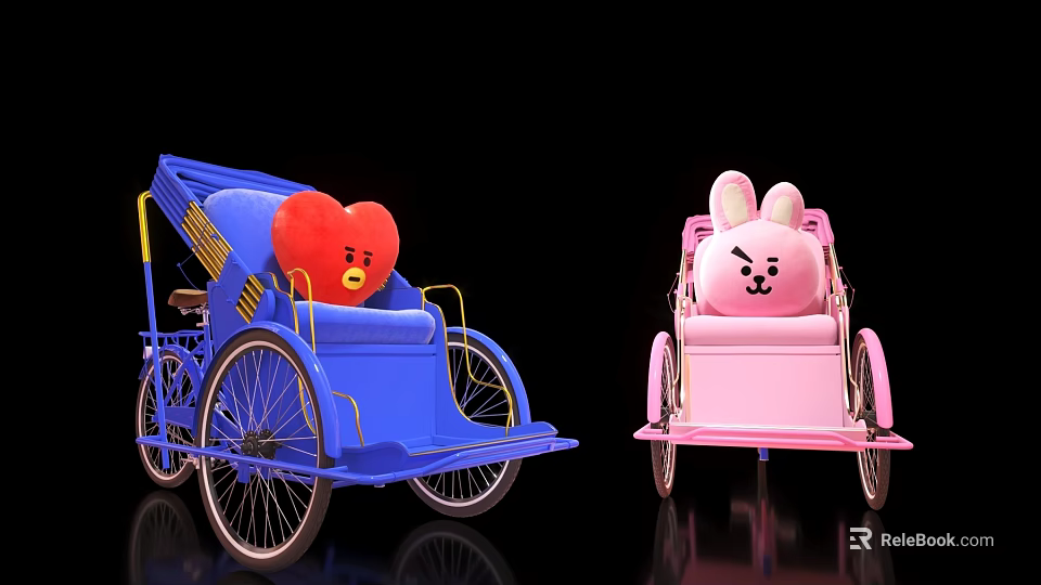 Blue Tricycle With Red Heart Doll And Pink Tricycle With Rabbit Doll 3d model 