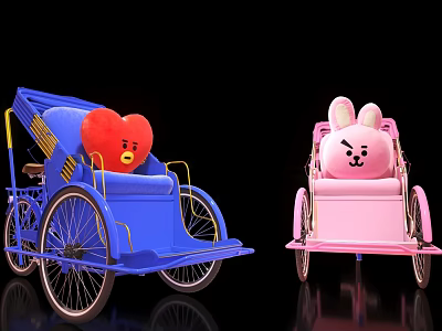 Blue Tricycle With Red Heart Doll And Pink Tricycle With Rabbit Doll 3d model