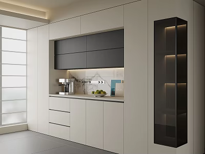 Modern Sleek Kitchen Sideboard With White Gray Cabinets And Glass Door Design 3d model