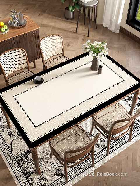 Cozy Dining Room Interior With Wicker Chairs Beige Table Runner And White Flower Vase 3d model 