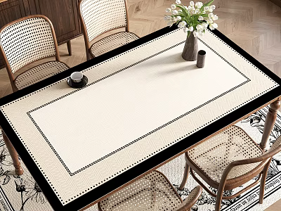 Cozy Dining Room Interior With Wicker Chairs Beige Table Runner And White Flower Vase 3d model