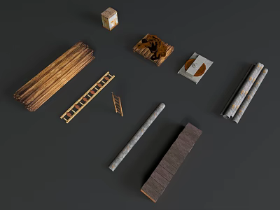 Various Wooden Planks Stone Rolls And Decorative Building Materials Collection 3d model
