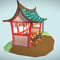 Chinese Style Pavilion Furniture With Wooden Shelves Green Tiled Roof Red Frame And Lanterns