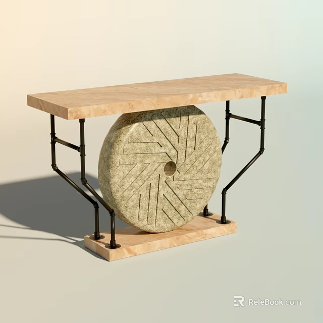 Modern Console Table With Light Colored Tabletop Black Metal Frame And Circular Stone Decoration 3d model 