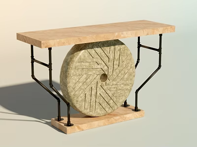 Modern Console Table With Light Colored Tabletop Black Metal Frame And Circular Stone Decoration 3d model
