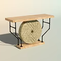 Modern Console Table With Light Colored Tabletop Black Metal Frame And Circular Stone Decoration