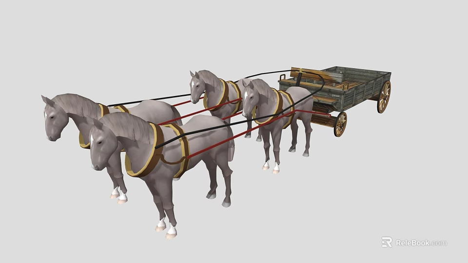 Four Gray Horses Pulling Traditional Wooden Cart with Spoked Wheels 3d model 
