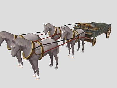 Four Gray Horses Pulling Traditional Wooden Cart with Spoked Wheels 3d model