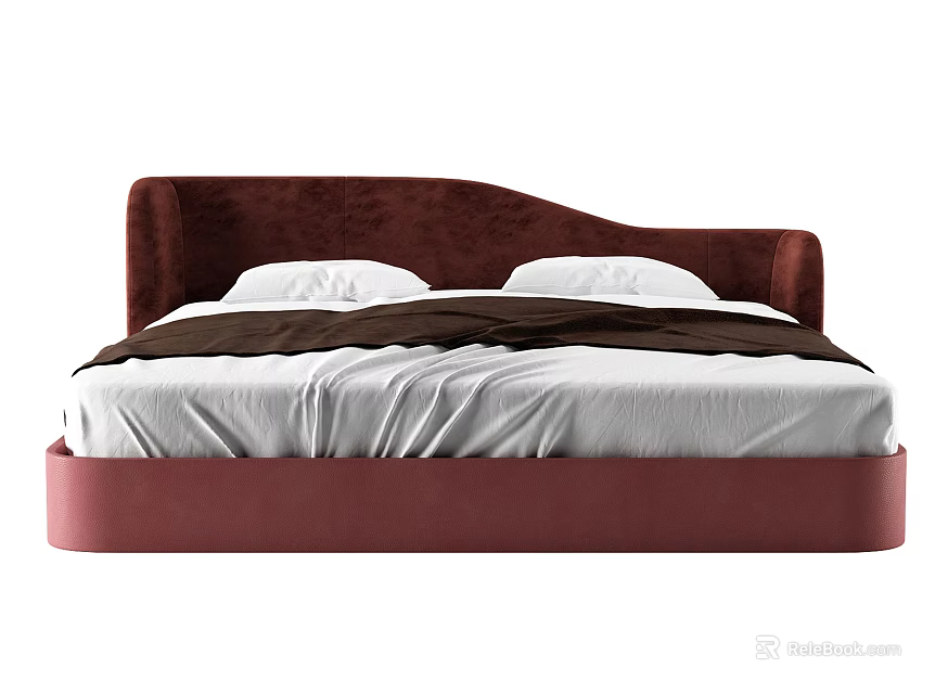 Double Bed with Curved Dark Red Headboard White Mattress Pillows Dark Brown Blanket Red Frame 3d model 