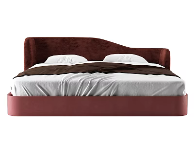 Double Bed with Curved Dark Red Headboard White Mattress Pillows Dark Brown Blanket Red Frame 3d model