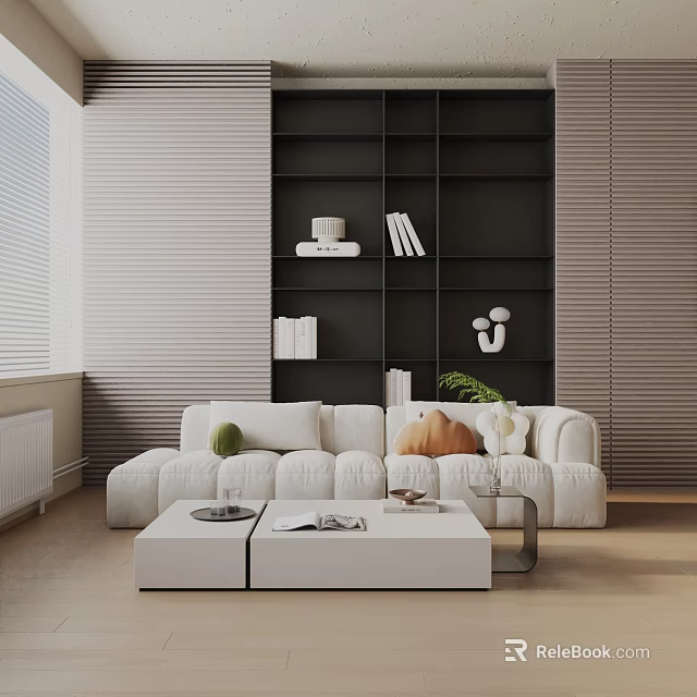 Modern White Three Seater Sofa With Coffee Table And Black Bookshelf 3d model
