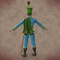Military Character In Blue Uniform With Green Hat Feather White Stripes Green Cape And Long Staff