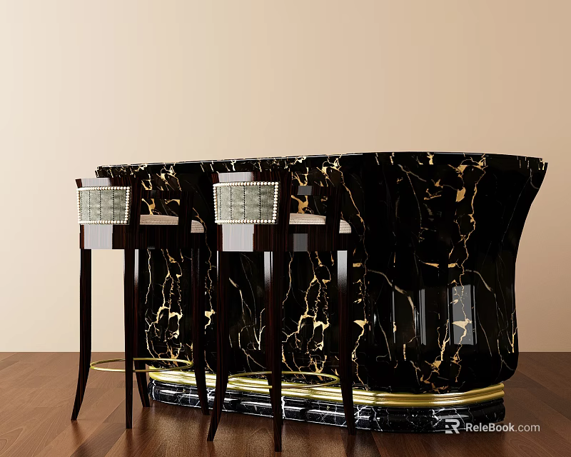 Elegant Black Marble Bar Counter With Gold Veins And Woven Backrest Stools On Wooden Floor 3d model 