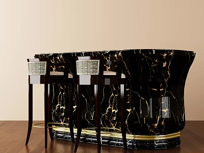 Elegant Black Marble Bar Counter With Gold Veins And Woven Backrest Stools On Wooden Floor 3d model
