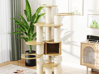 Modern Multifunctional Storage Shelf With Tiered Wooden Shelves And Large Green Plant In Living Room 3d model