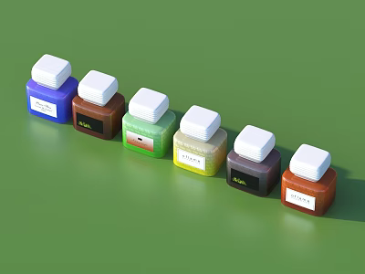Colorful Household Item Bottles With White Lids And Labeled Containers 3d model