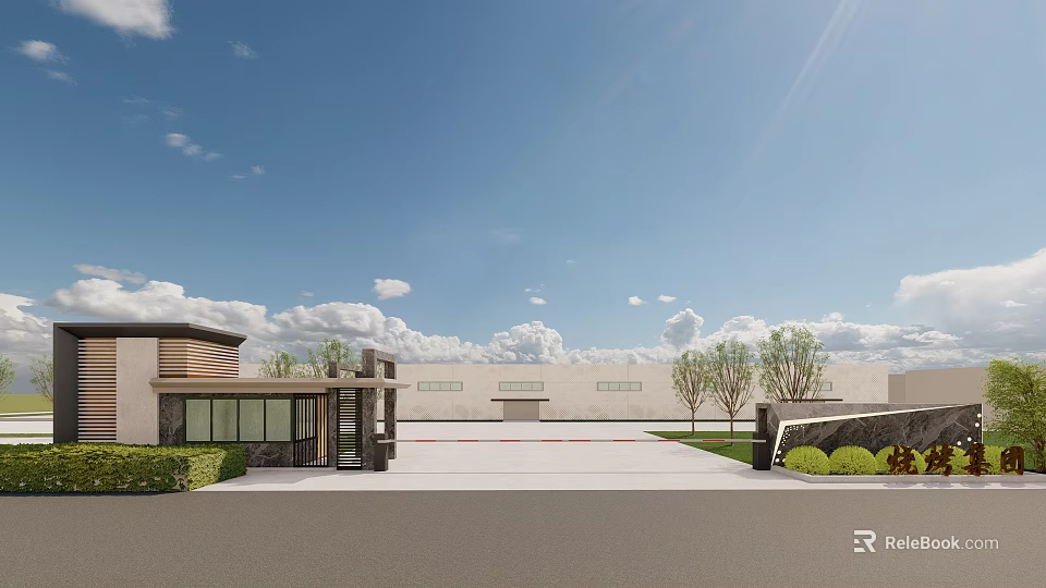 Modern Entrance Gate With Stone Glass Design And Landscaped Driveway Under Clear Sky 3d model 