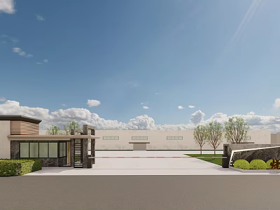 Modern Entrance Gate With Stone Glass Design And Landscaped Driveway Under Clear Sky 3d model