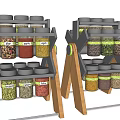 Organized Kitchen Spice Bottles On Wooden Multi Layer Storage Rack With Labels 3d model