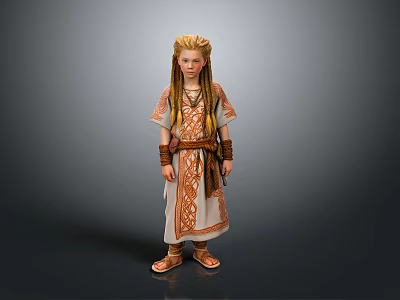 Woman With Golden Braided Hair Wearing White Robe Orange Patterns Brown Belt And Wristbands 3d model