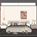 Modern Bedroom Interior With Beige Cabinet Chandelier Bedside Painting And Stuffed Toys On Rug
