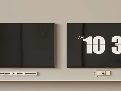 Two Black TV Screens Mounted on Wall One Displaying AM 10 3 With White Devices 3d model