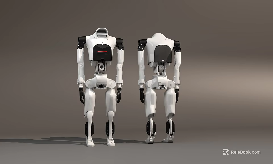White Intelligent Robots With Black Back Components Standing On Gray Background 3d model 
