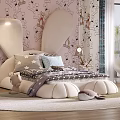 Kids Room Interior With Pink Cartoon Animal Wallpaper White Curved Headboard And Plush Rug