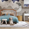 Kids Room Interior Design With Starry Cloud Wall Plush Toys Bed Bookshelves And Desk