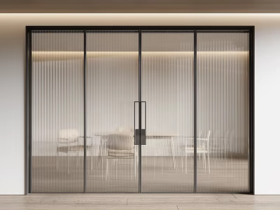Modern Glass Sliding Doors With Black Frame And Vertical Stripes In Dining Interior 3d model