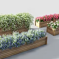 Decorative Wooden Planter Boxes With Colorful Potted Flowers And Lush Greenery