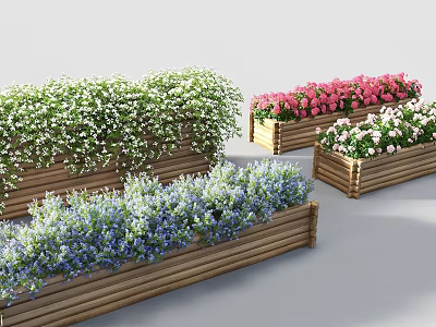 Decorative Wooden Planter Boxes With Colorful Potted Flowers And Lush Greenery 3d model