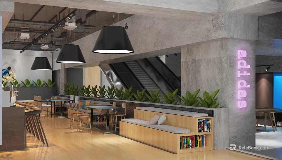 Modern Clothing Store Interior With Open Layout Display Racks Pendant Lights And Green Plants 3d model 