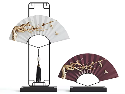 Elegant Decorative Ornament Set with White Burgundy Fan Golden Branches and Birds on Black Bases 3d model