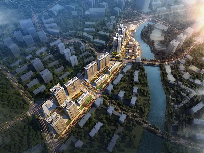 Aerial View Master Plan of Modern City with River Buildings and Green Spaces 3d model